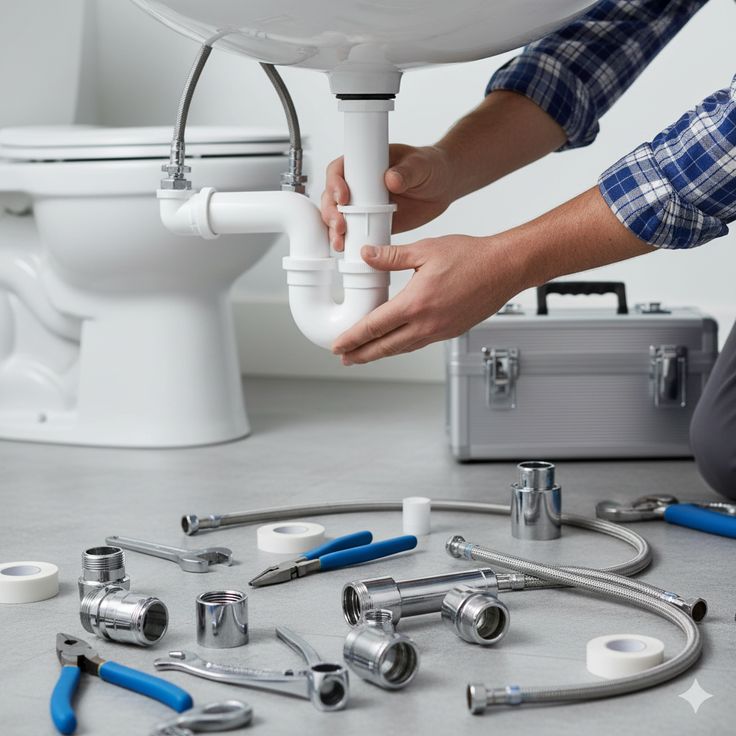Plumber fitting a sink drain trap with fittings and tools laid out